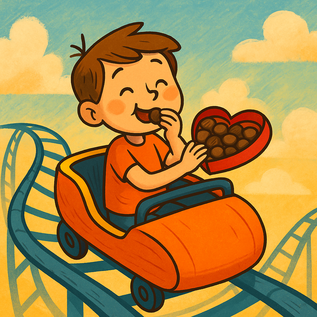 Our cartoon boy in his coaster car - eating Valentines' chocolates! Image by DALLE and the authors.